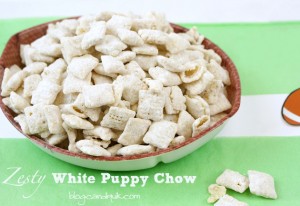 Zesty White Puppy Chow (Chex Muddy Buddies) | This snack is perfect - easy to pull together and the fresh lemon zest gives it a fresh take! You will love this! Recipe at http://blog.candiquik.com