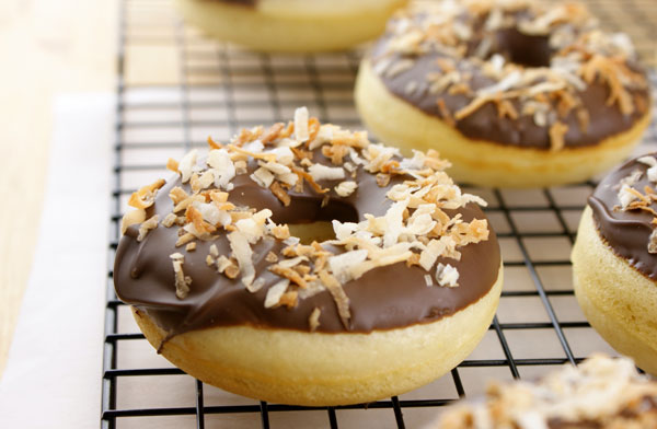 Vanilla Bean Cake Doughnuts with Chocolate and Toasted Coconut