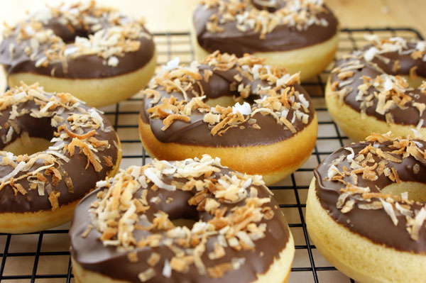 Vanilla Bean Cake Doughnuts with Chocolate and Toasted Coconut