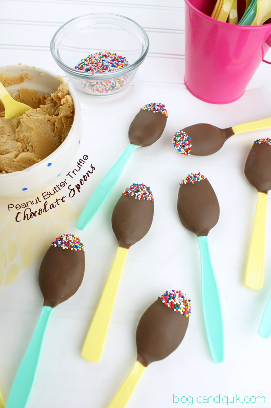 Chocolate Dipped Spoons filled with Peanut Butter Truffle mixture - these are amazing! (blog.candiquik.com)